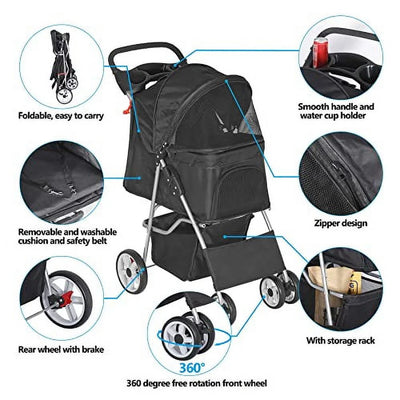 BBBuy 4 Wheels Foldable Pet Dog Cat Jogger Stroller Travel Carrier Strolling Cart w/Waterproof Cover Storage Basket Cup Holder & Removable Liner for Medium Small Cat Dog, Black