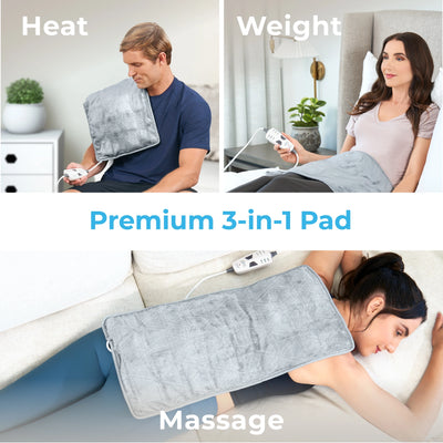 Pure Enrichment® WeightedWarmth™ 3-in-1 Heating Pad - 3 InstaHeat™ Settings, 3 Massage Speeds & 4.1 lbs of Weighted Pressure for Menstrual Cramps, Shoulder, Neck & Back Pain - 12” x 24” (Steel Gray)