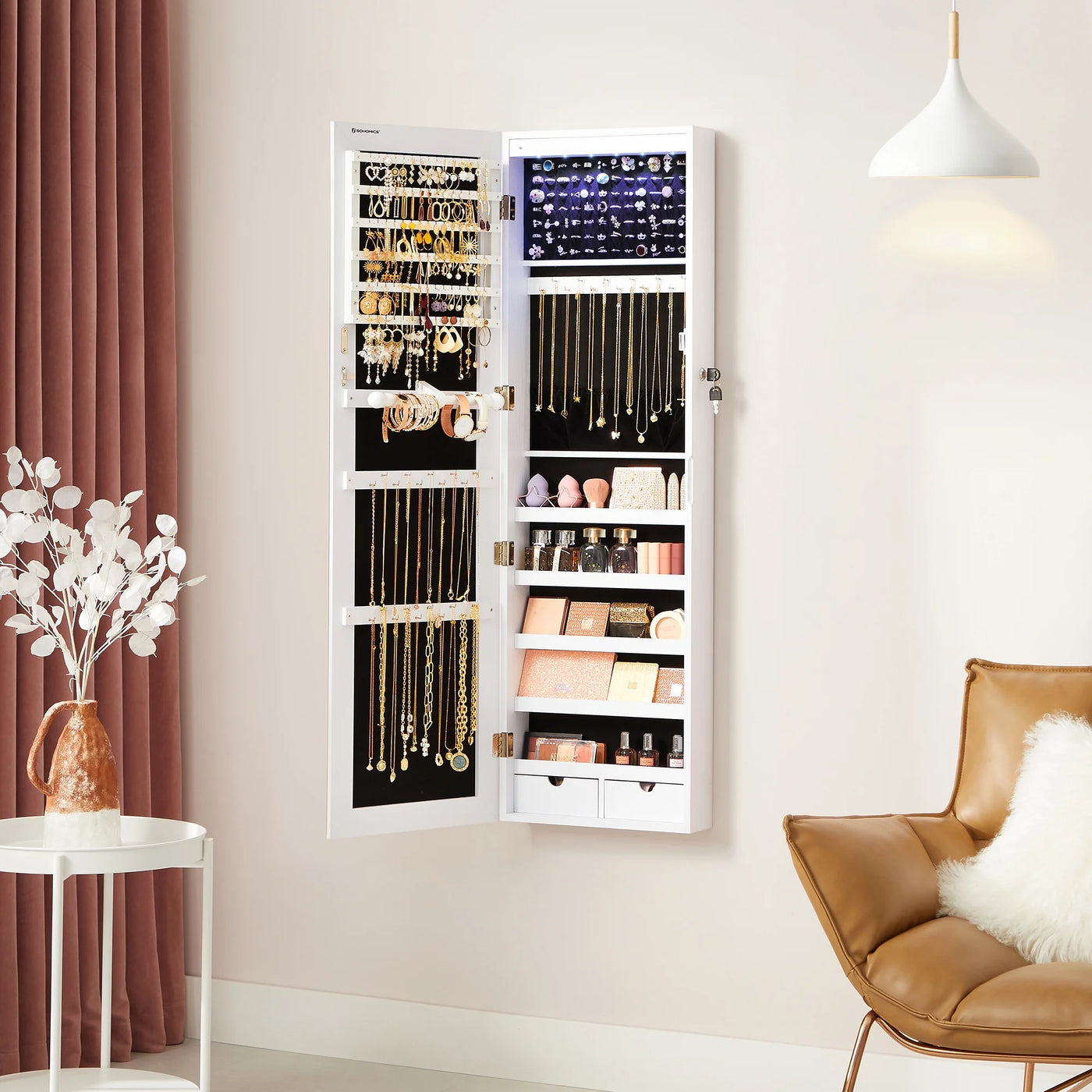 SONGMICS Hanging Mirror Jewelry Cabinet Wall or Door Mounted Jewelry Armoires with LED Interior Lights Jewelry Organizer Box Holder Full-Length Mirror White