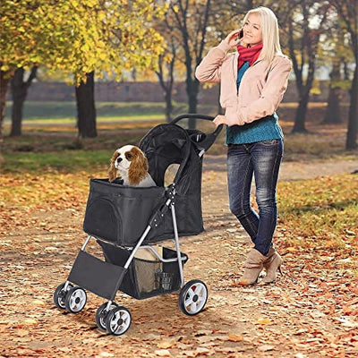 BBBuy 4 Wheels Foldable Pet Dog Cat Jogger Stroller Travel Carrier Strolling Cart w/Waterproof Cover Storage Basket Cup Holder & Removable Liner for Medium Small Cat Dog, Black