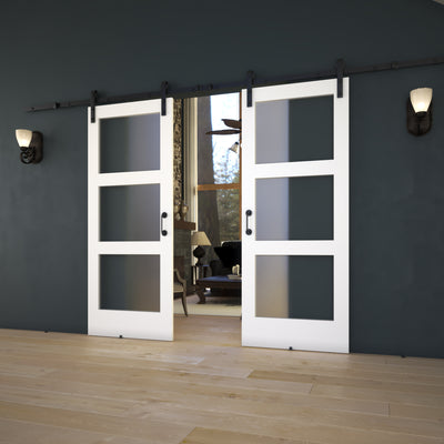 EightDoors 84" x 32" x 1-3/8" 3-Lite Frosted Glass White Prefinished Solid Wood Core Interior Barn Door