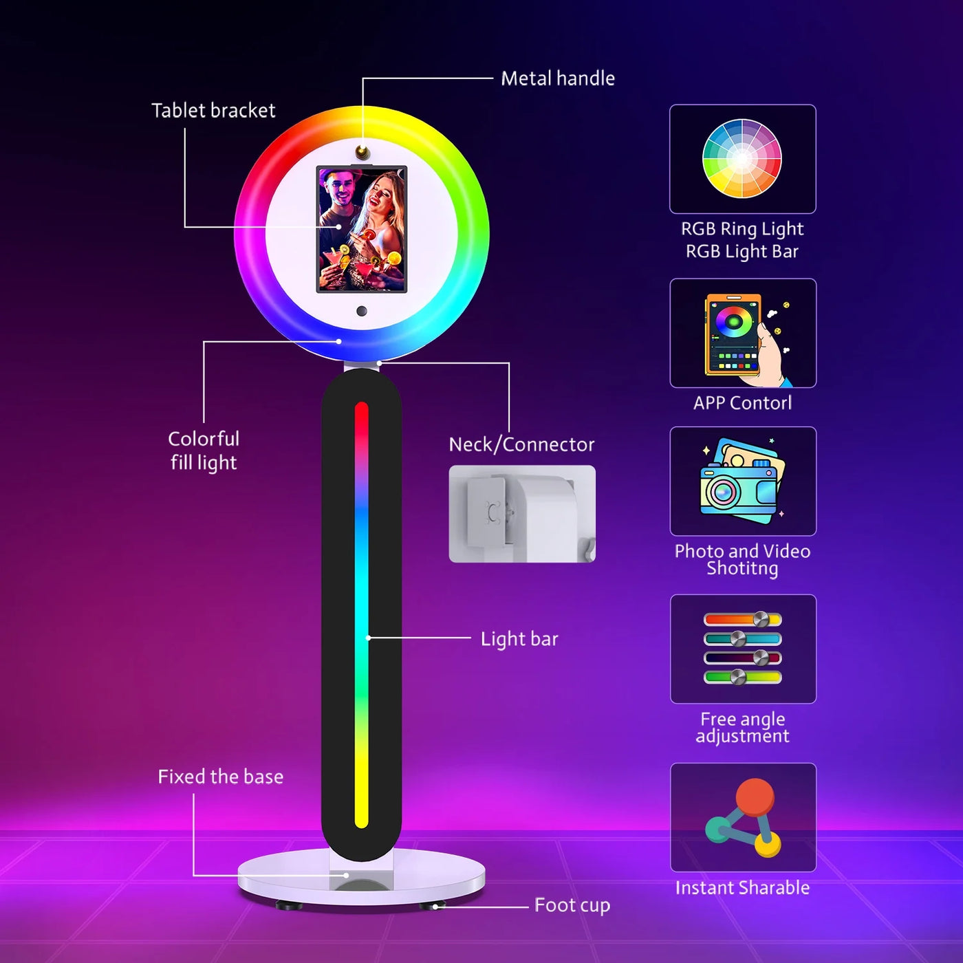 IPad PhotoBooth Stand with Light Ring Portable Stand Selfie Machine for Any iPad with Remote APP Control