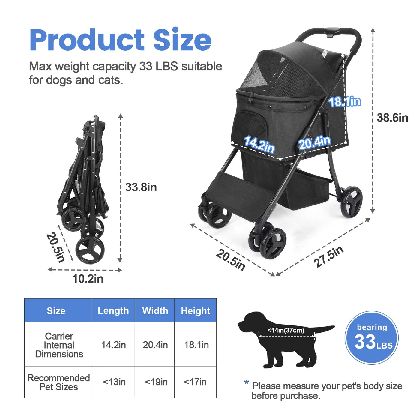 4 Wheel Dog Stroller, Wedyvko Foldable Pet Stroller with Storage Basket for Small Medium Dogs & Cats (Black)