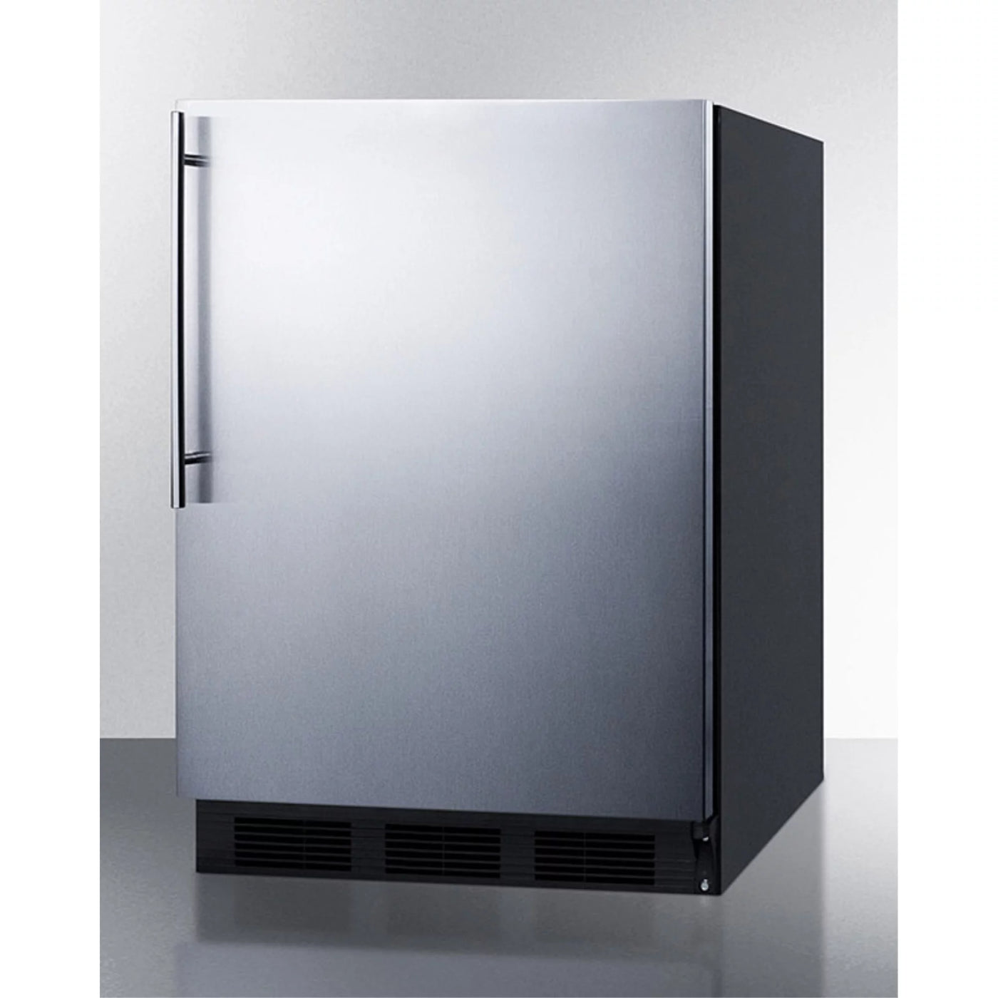 ADA compliant built-in undercounter all-refrigerator for residential use, auto defrost with stainless steel wrapped door, thin handle, and black cabinet