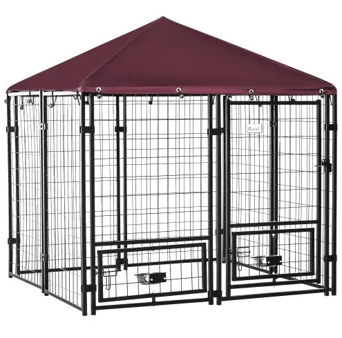 5' x 5' x 5' Dog Kennel Outdoor with Rotating Bowl Holders, Walk-in Pet Playpen, Welded Wire Steel Dog Fence with Water-and UV-Resistant Canopy, Black and Red