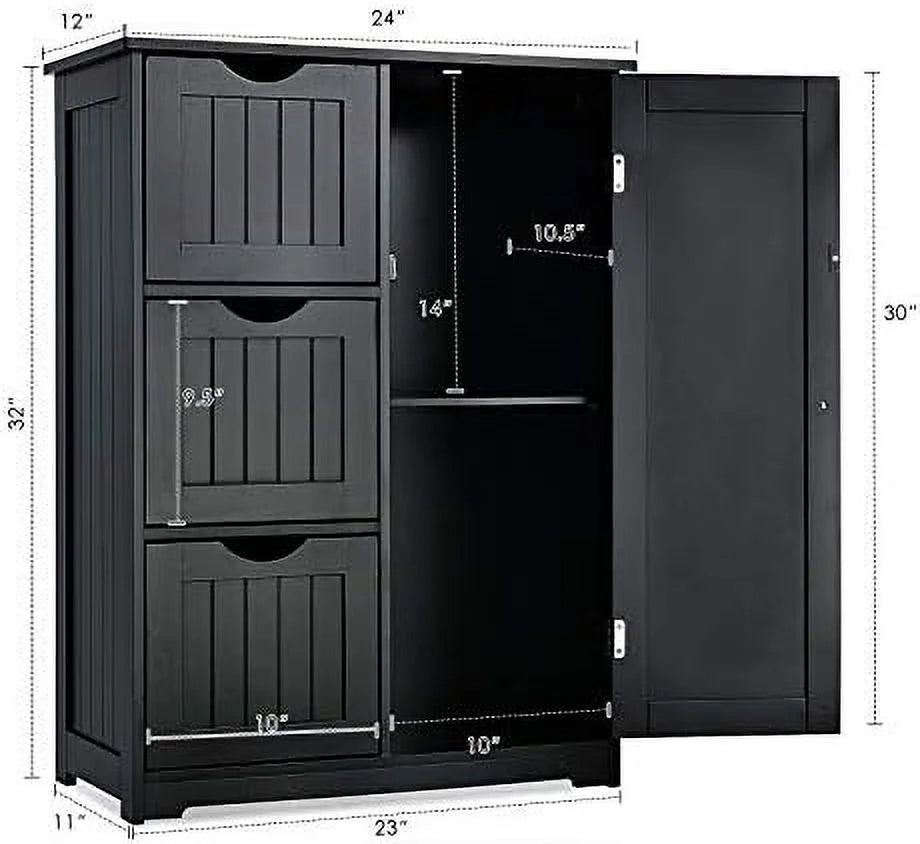 xrboomlife Bathroom Floor Cabinet Wooden Cabinet with 1 Door & 3 Drawer Free Standing Entryway Cupboard Spacesaver Cabinet