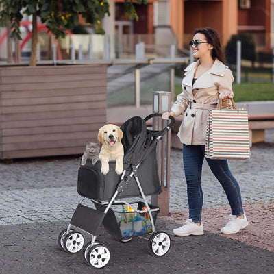 Foldable Pet Stroller, Cat/Dog Stroller with 4 Wheel, Pet Travel Carrier Strolling Cart with Storage Basket, Cup Holder, Black