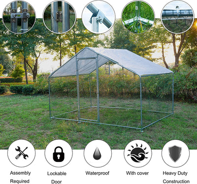 Phonjoroo Large Walk-in Metal Chicken Coop Poultry Cage Hen House Chicken House for Farm Up to 12 Chickens 10’ L x 6.6’ W x 6.6’ H w/Chicken Run Cover for Farm Home use (79.2'' H x 79.2'' W x 120'' D)