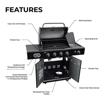 Kenmore 4-Burner Smart Gas Grill with Side Searing Burner, Black with Chrome Accents