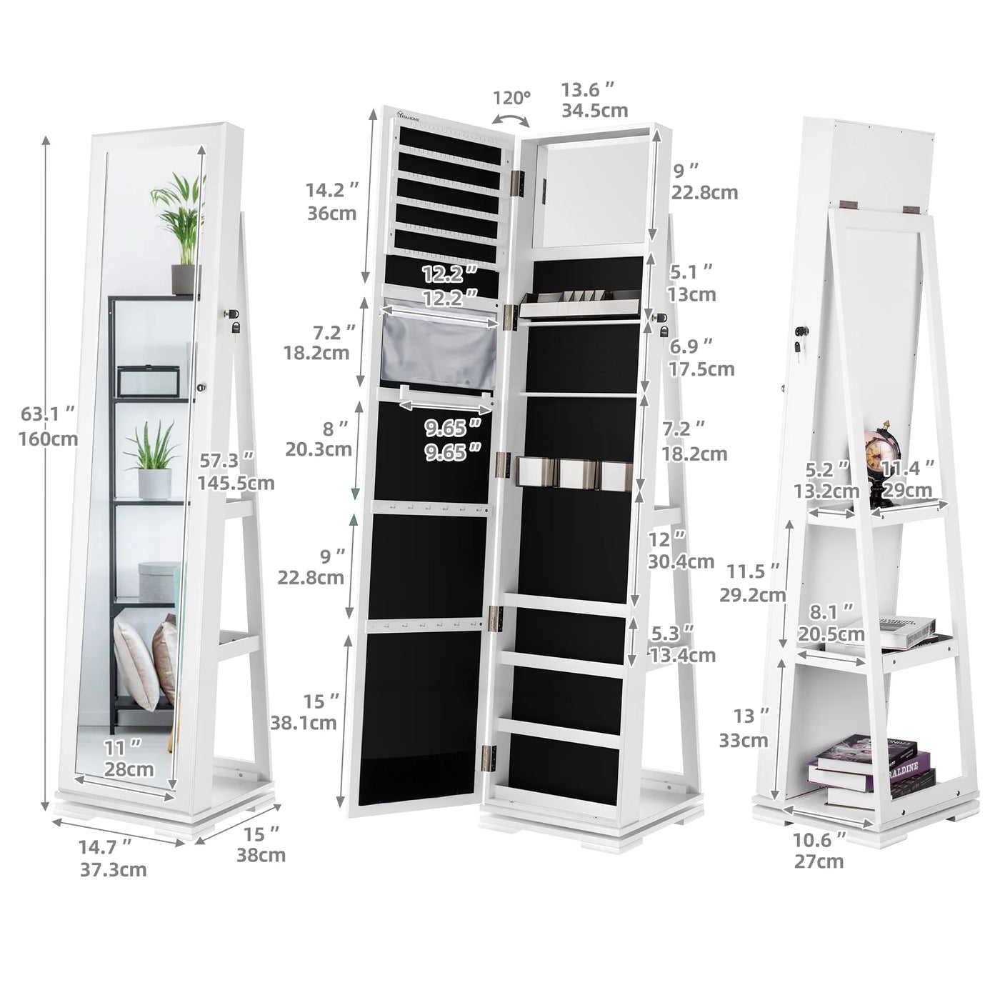 Dextrus Mirror Jewelry Cabinet 360° Rotating Jewelry Armoire Storage Box w/ Full Length Mirror Jewelry Organizer - White