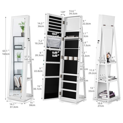 Dextrus Mirror Jewelry Cabinet 360° Rotating Jewelry Armoire Storage Box w/ Full Length Mirror Jewelry Organizer - White