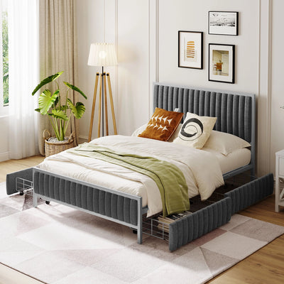 Roomfitters Full Size Metal Frame Upholstered Bed with 4 Drawers, Linen Fabric, Gray