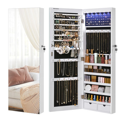 SONGMICS Hanging Mirror Jewelry Cabinet Wall or Door Mounted Jewelry Armoires with LED Interior Lights Jewelry Organizer Box Holder Full-Length Mirror White