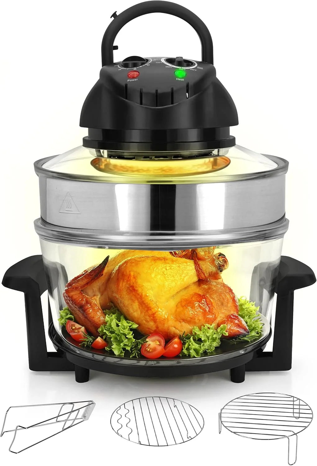 18 Quart Convection Countertop Air Fryer - See through Glass for Best Cooking Results - Air Fryer, Roaster, Bake, Grill, Steam & Roast - Includes Glass Bowl, Broil Rack & Toasting Rack