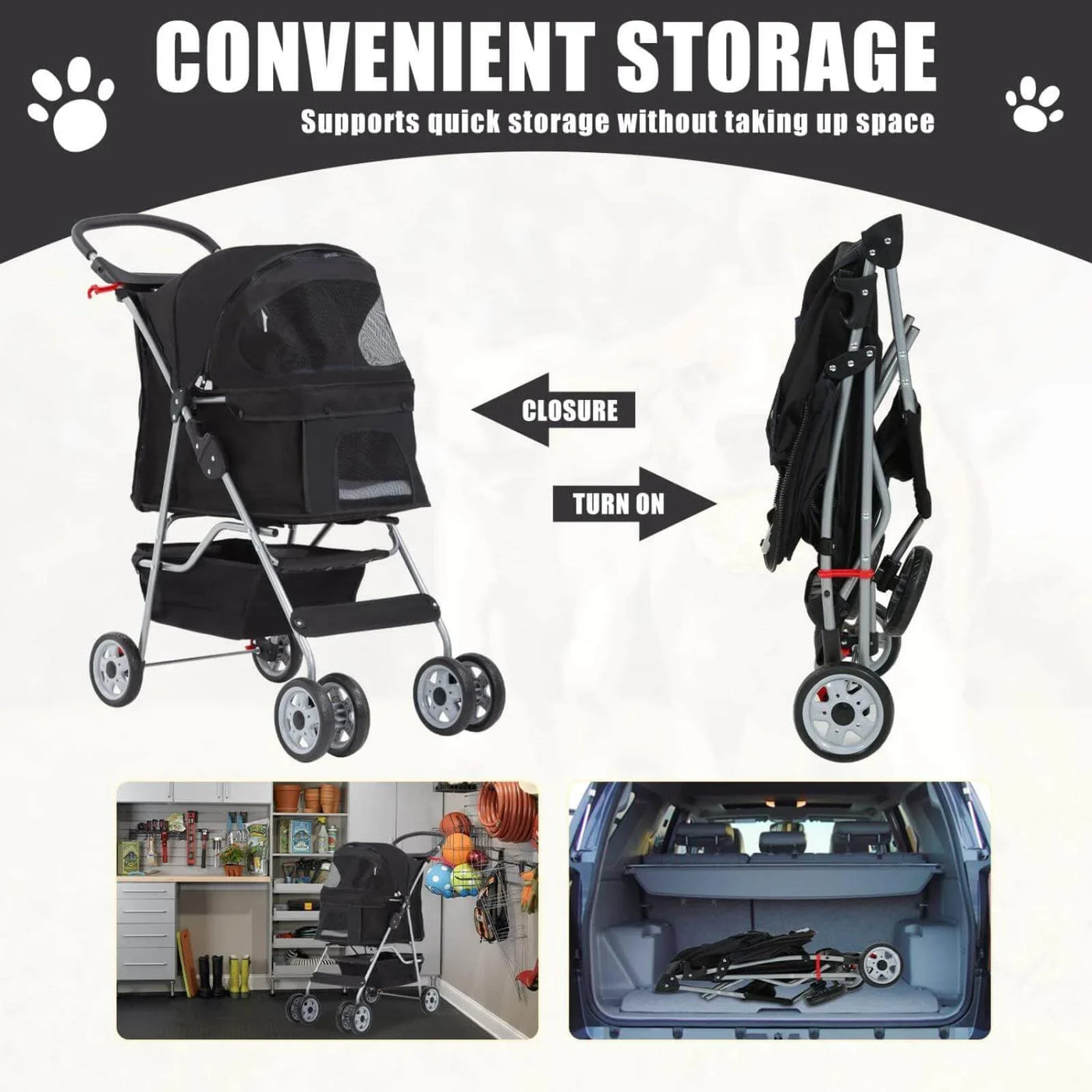 Foldable Dog Stroller Cat Stroller with Storage Basket & Removable Liner, 4 Wheels Pet Stroller，Foldable Carrier Strolling Cart for Dogs Cats, Black