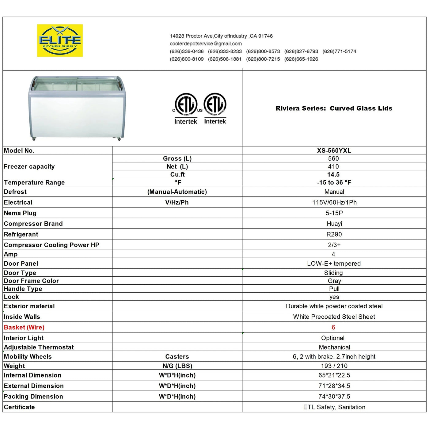 72 in. Curved Lid Glass Commercial Chest Freezer, 14.5 Cu. Ft.