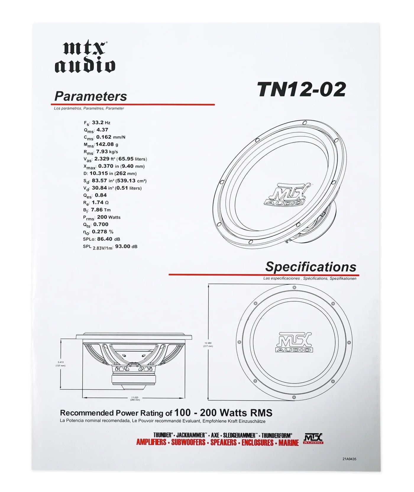 MTX Terminator TN12-02 12” 400 Watt Car Audio Subwoofer+Sealed Sub Box Enclosure