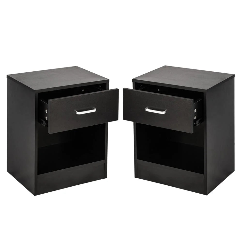 UBesGoo Set of 2 Nightstand, Bedside Table with 1 Drawer and 1 Storage Cabinet, Wooden Night Table, Black