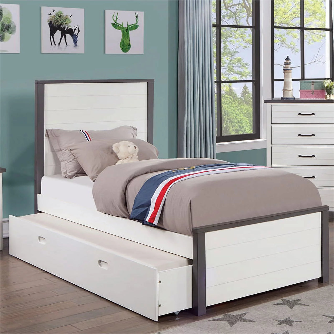 Furniture of America Acres Wood Full Bed with Trundle in White and Gray