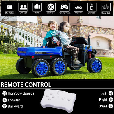 Track 7 24V Ride on Dump Truck, 2-Seater Ride on Car with Remote Control, 6 Wheels Electric Tractor with Dump Bed, Music, Shift Lever, 4WD off-Road UTV, Blue