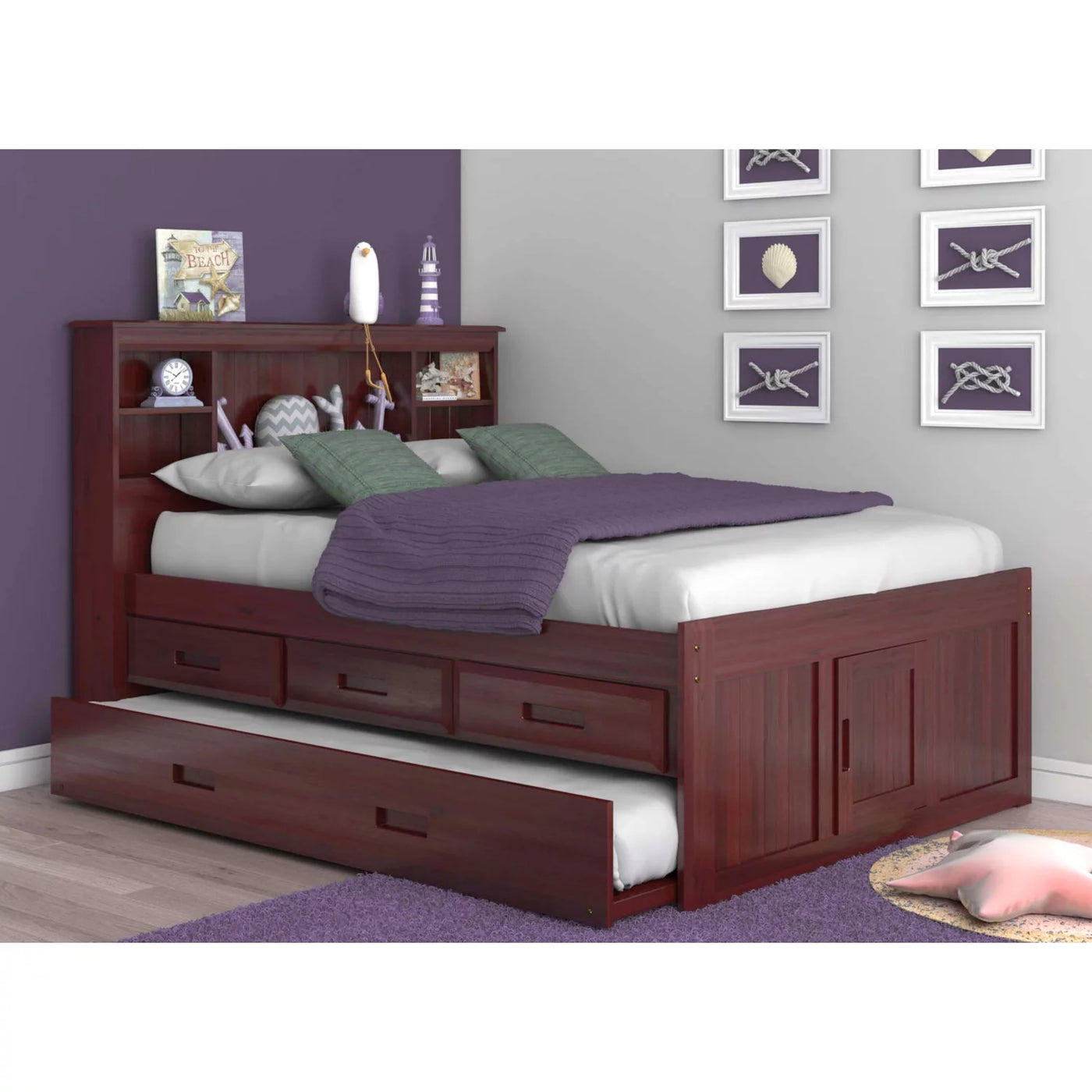 OS Home and Office Solid Pine Full Size Captains Bookcase Bed-Style:3 Drawers with Trundle/Merlot