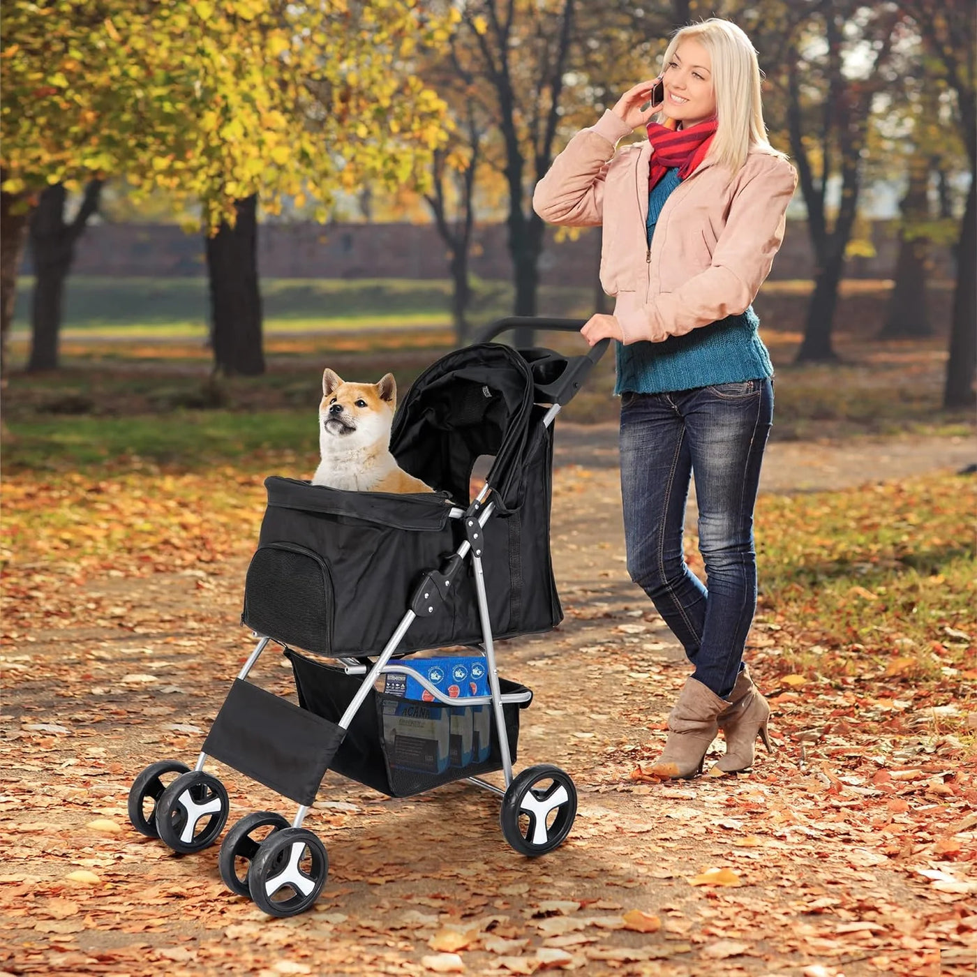 Pet Stroller 4 Wheels Dog Cat Stroller for Small Medium Dog Cats Carrier Jogger Travel Foldable Puppy Stroller with Storage Basket and Cup Holder