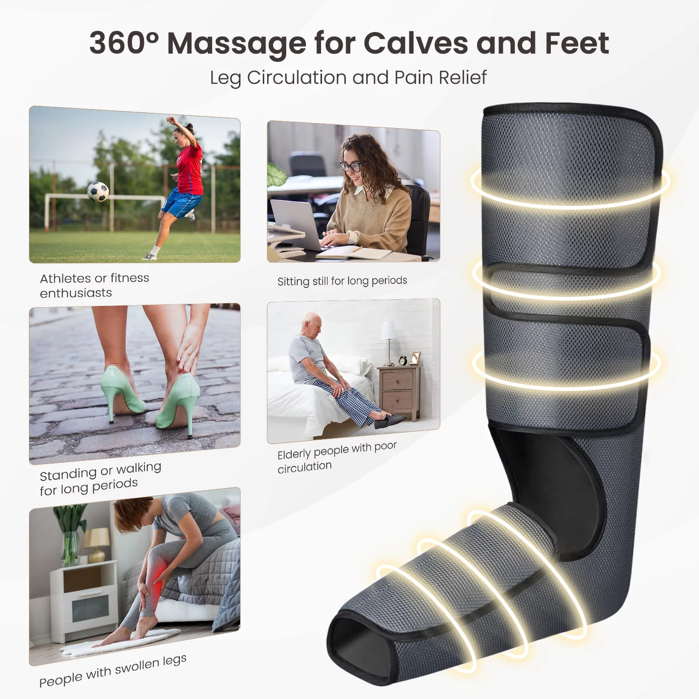 PureHeal Leg Massager for Circulation, Air Compression Foot and Leg Massage with 5 Modes and 5 Intensities, Black