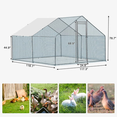 Al Fresco 10 x 10 ft Large Metal Chicken Run, Walk-in Poultry Cage, Spire-Shaped Chicken Coop with Waterproof and Anti-Ultraviolet Cover for Hen House, Duck and Rabbit, Silver