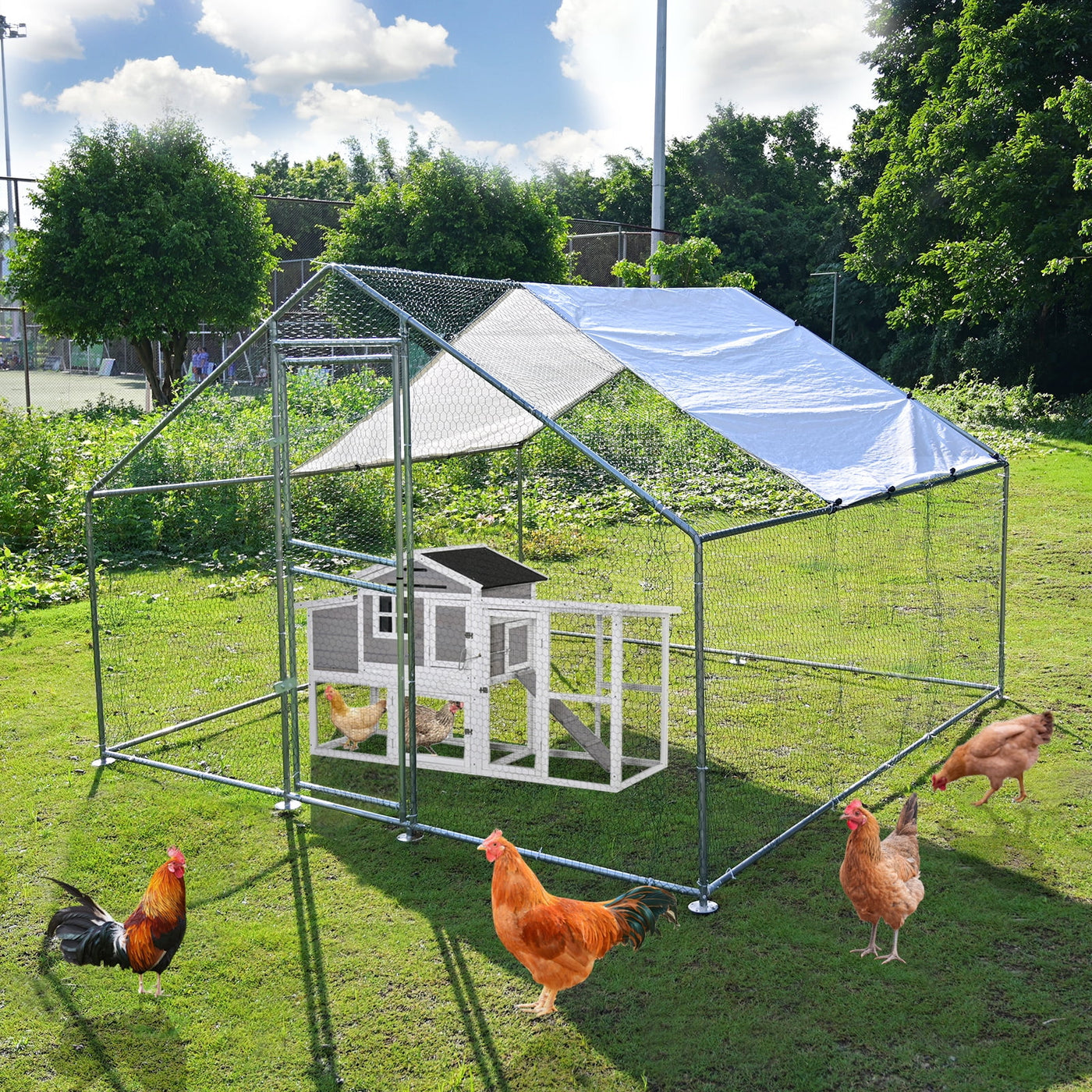 Kkonetoy 10 X 10 X 6.6ft Large Metal Chicken Coops, Outdoor Duck Walk-in Run Poultry Cage, Walk-in Hen House& with Waterproof Cover