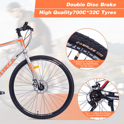 28 inch Hybrid Bike Men, Road Bike with Shimano 21 Speed, 700C Wheels, Comfort Adult Bicycle with Dual Disc Brake, 21'' Lightweight Aluminium Frame, Suggested Rider 5'6" to 6'2" Tall- Silver+Orange