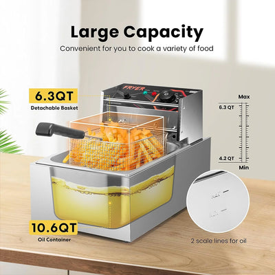 VIVOHOME 2500W 10.6 QT Electric Deep Fryer with 6.3 QT Removable Basket, Temperature Adjustable 140-392℉