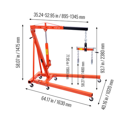 BENTISM 2T Folding Engine Crane Engine Hoist with Level 4400 lbs/2 ton Heavy-Duty Cherry Picker Shop Crane Oldable Engine Crane