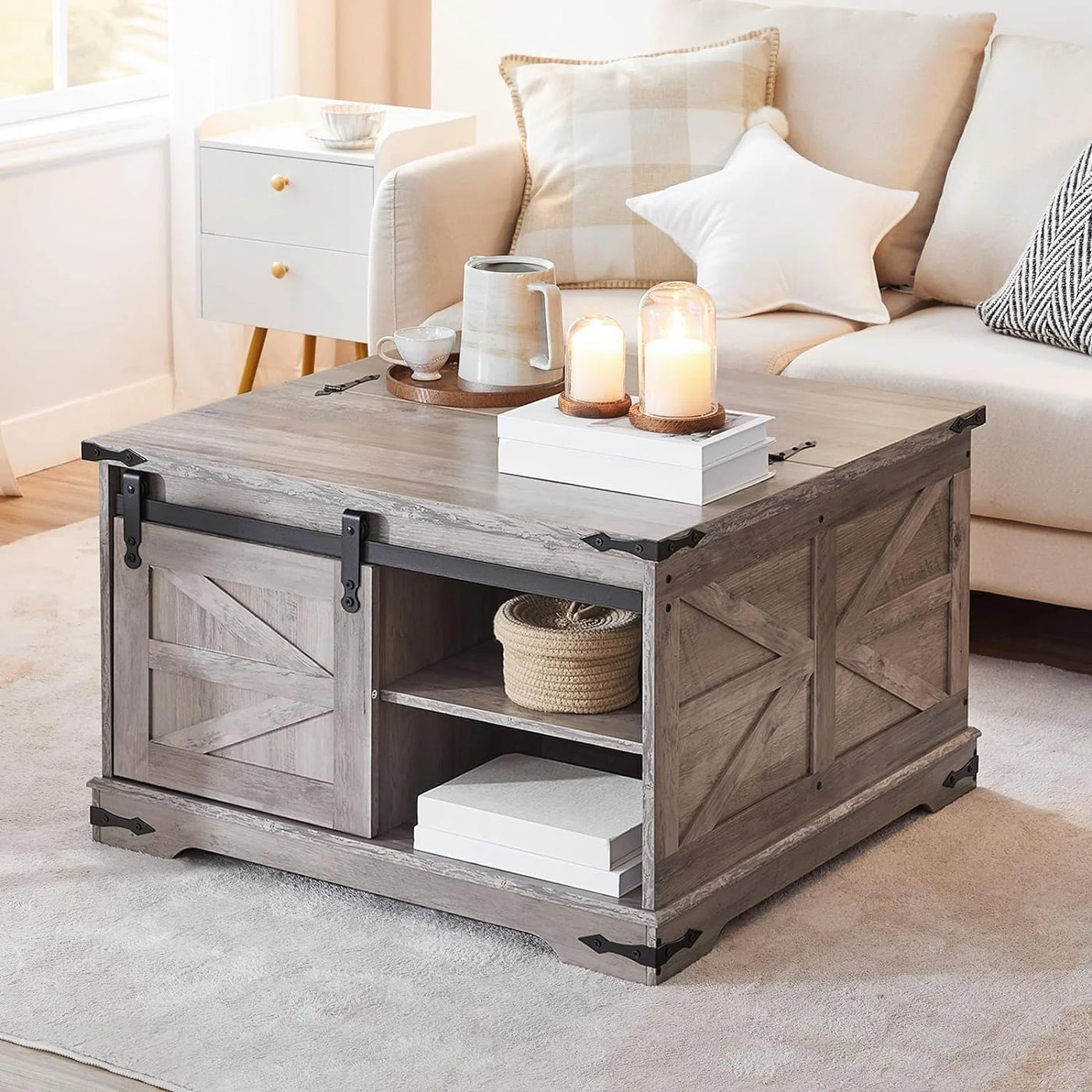 HOOBRO Farmhouse Coffee Table for Living Room with Single Sliding Barn Door Lift Top and Hidden Space Gray BG80KF01