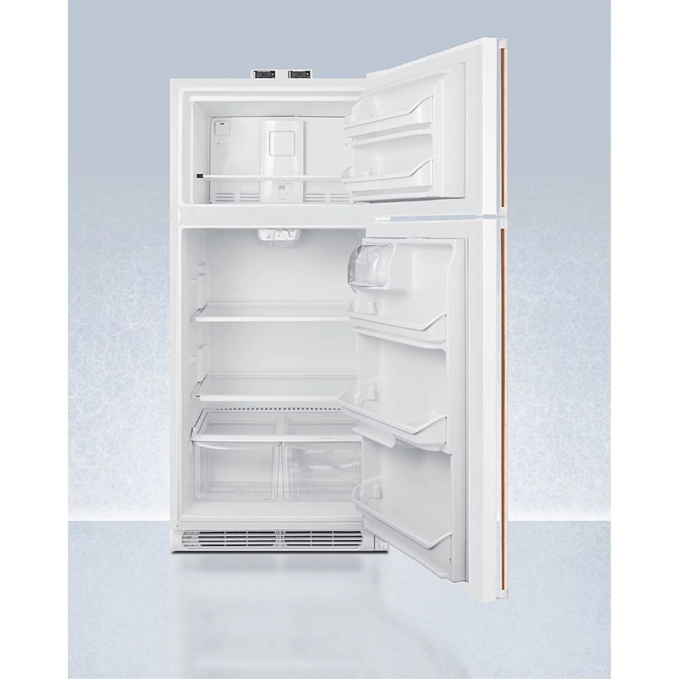 18 cu.ft. break room refrigerator-freezer in white with NIST calibrated alarm/thermometers and copper handles