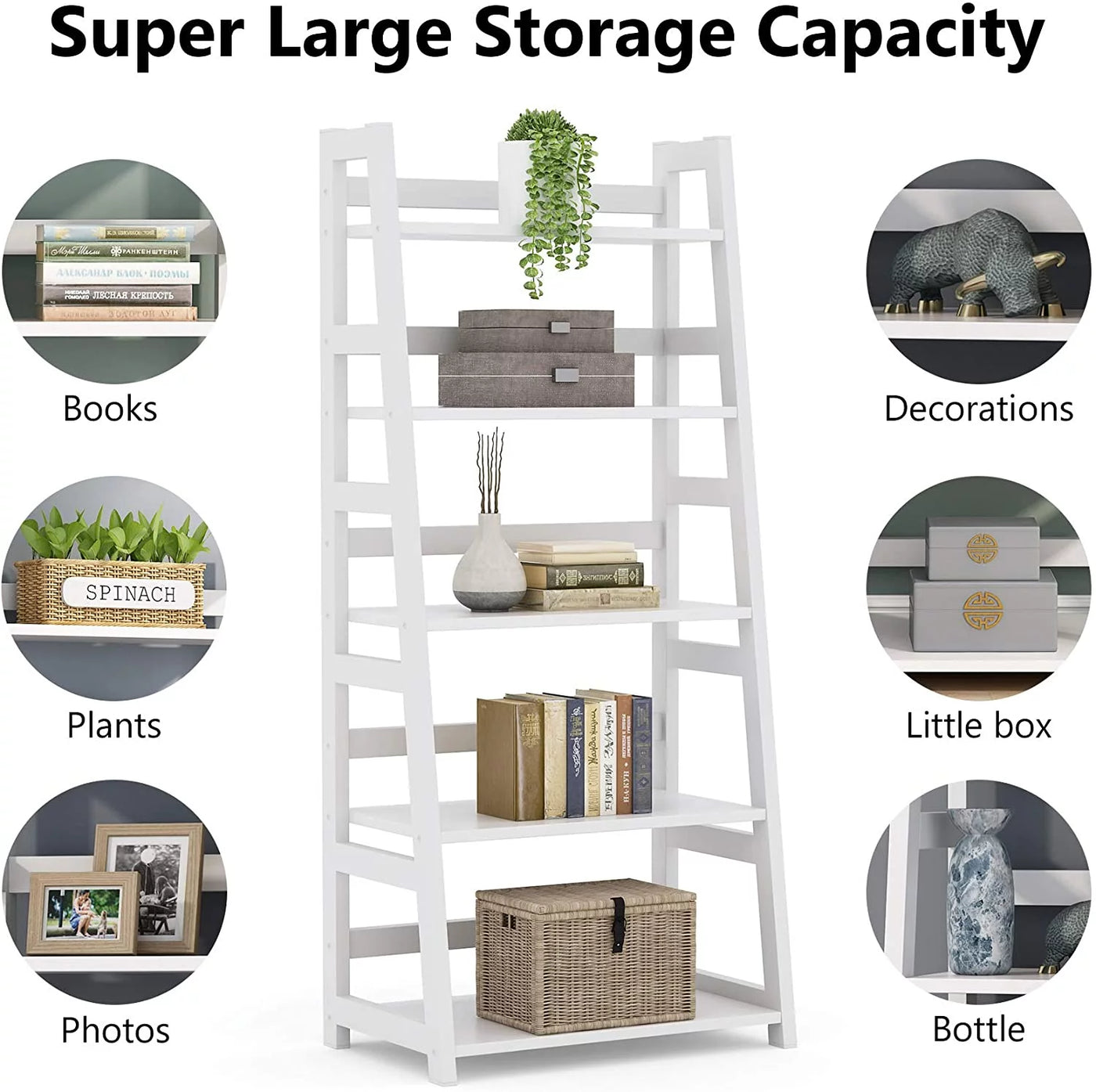 5-Tier Ladder Bookshelf Bookcase, 5 Shelf Ladder Shelves for Living Room Home Office