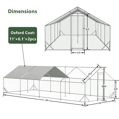 Large Metal Chicken Coop, Walk-in Chicken Run,Galvanized Wire Poultry Chicken Hen Pen Cage, Rabbits Duck Cages with Waterproof and Anti-Ultraviolet Cover for Outside(10' L x 26' W x 6.56' H)