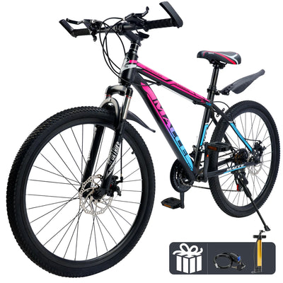 ARTUDATECH 24 26 27.5 Inch Mountain Bike, 24 Speeds with V/Disc Brakes High-Carbon Steel Frame Mens Womens Mountain Bike, Front Suspension MTB Bicycle for Adult & Teenagers