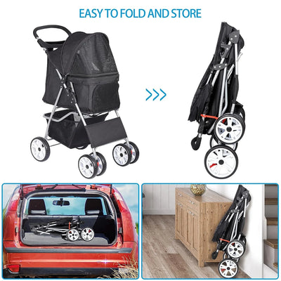 Foldable Pet Stroller, Cat/Dog Stroller with 4 Wheel, Pet Travel Carrier Strolling Cart with Storage Basket, Cup Holder, Black