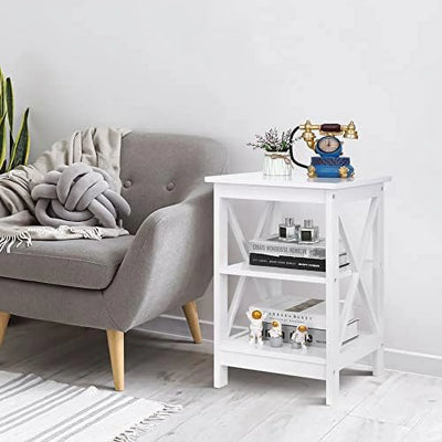 ASDRFYU 3-Tier End/Side/Sofa/Table with Shelves Wooden X-Design Nightstand for Small Space Living Room Bedroom Office Bathroom White