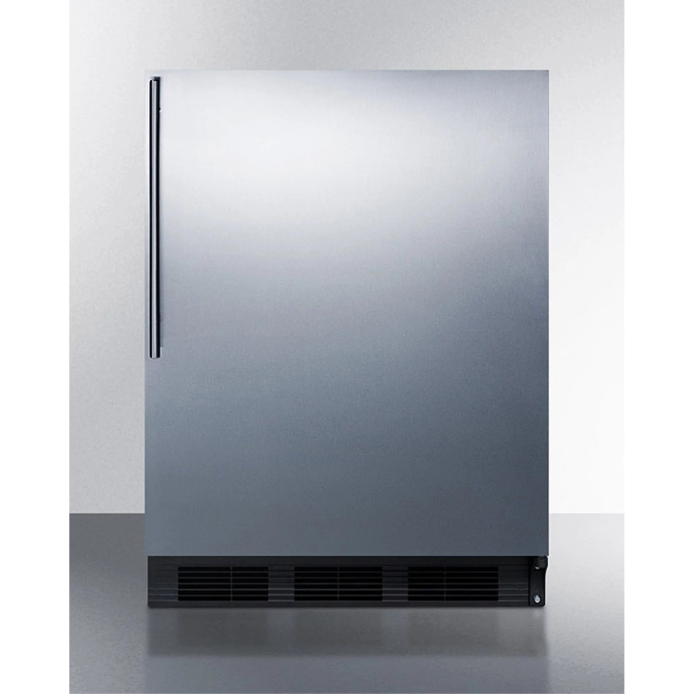 ADA compliant built-in undercounter all-refrigerator for residential use, auto defrost with stainless steel wrapped door, thin handle, and black cabinet