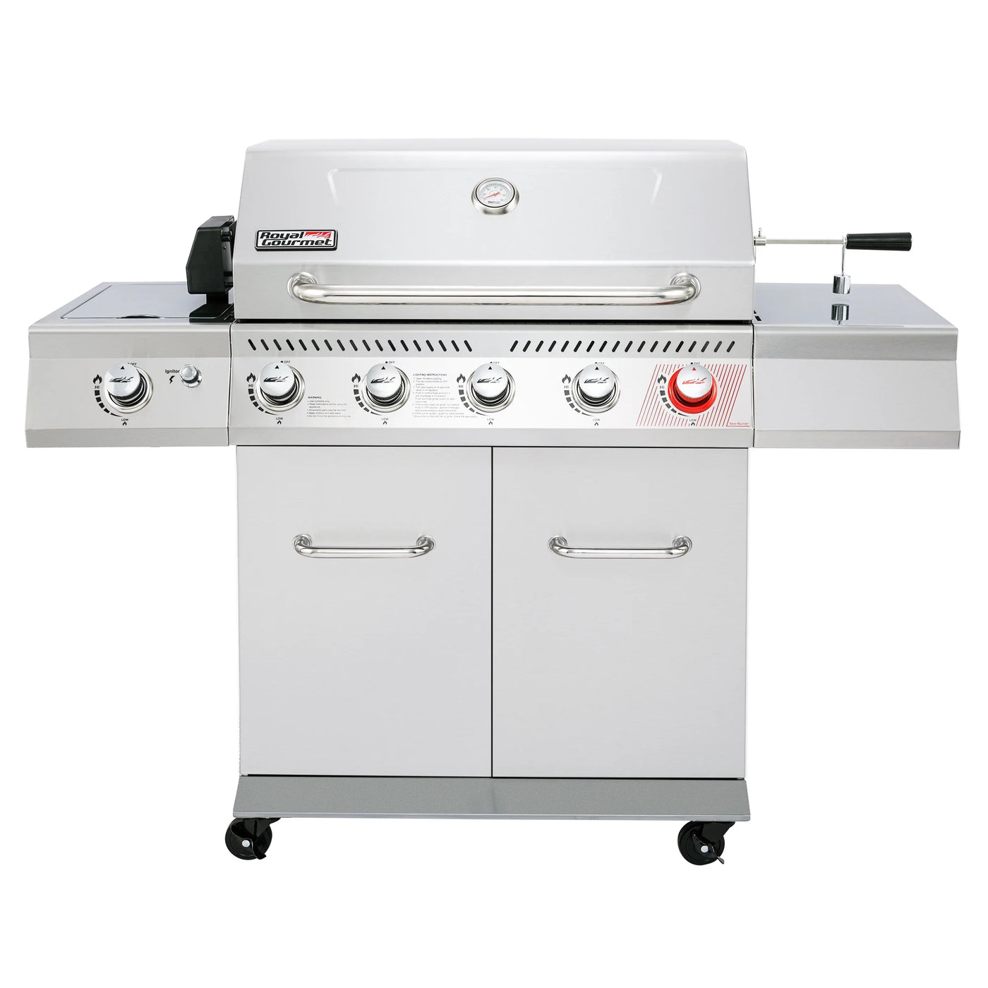 Royal Gourmet GA5404S Deluxe Stainless Steel 5-Burner Gas Grill with Rotisserie Kit, Sear Burner, and Side Burner, 64,000 BTU Cabinet Style Gas Grill, Silver