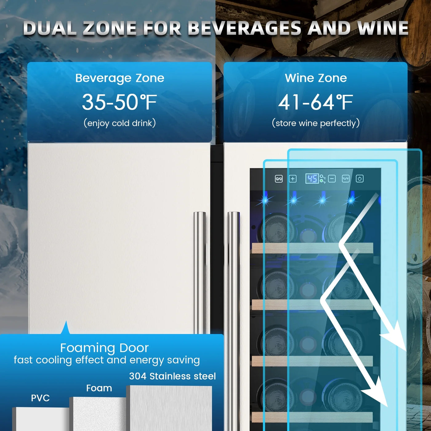 Ecojoy Wine and Beverage Refrigerator, 24 Inch Dual Zone Wine Fridge, Under Counter Wine Cooler Fridge Built-In or Freestanding, Holds 20 Bottles and 57 Cans