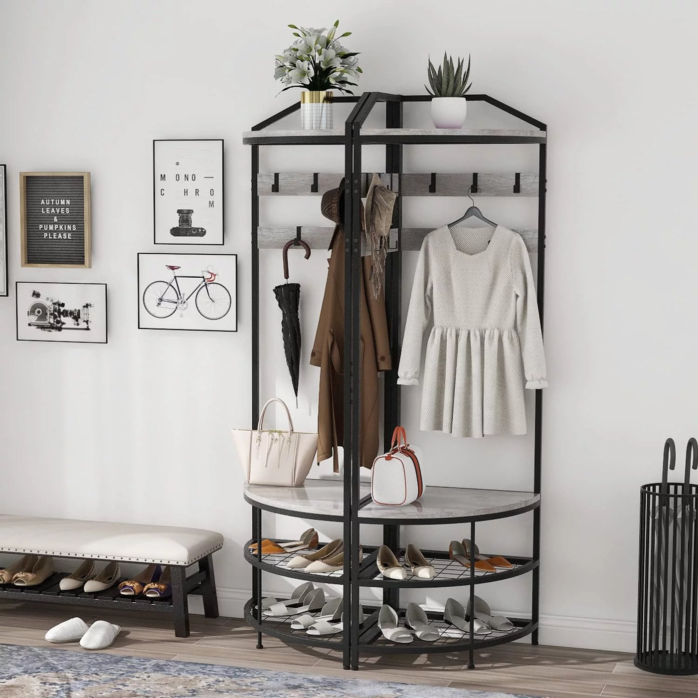 SQRTYVG TUIONMJ Modern Black Entryway Corner Hall Tree with Shoe Bench Entryway Coat Rack with 10 Metal Movable Hooks Wooden TUIONMJ Shoes TUIONMJ Organizer for Home Office Bedroom (Black