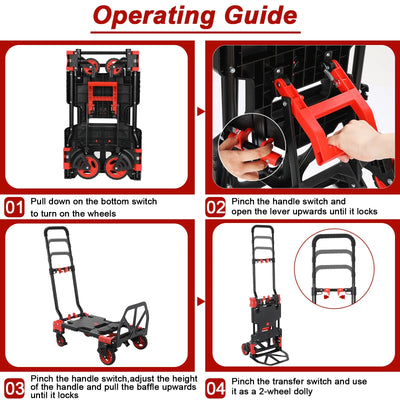 LAZY BUDDY Folding Hand Truck Dolly, 2-in-1 Heavy-duty Platform Cart with 22" Folding Basket, Collapsible Utility Luggage Dolly Cart, Red, 330LBS