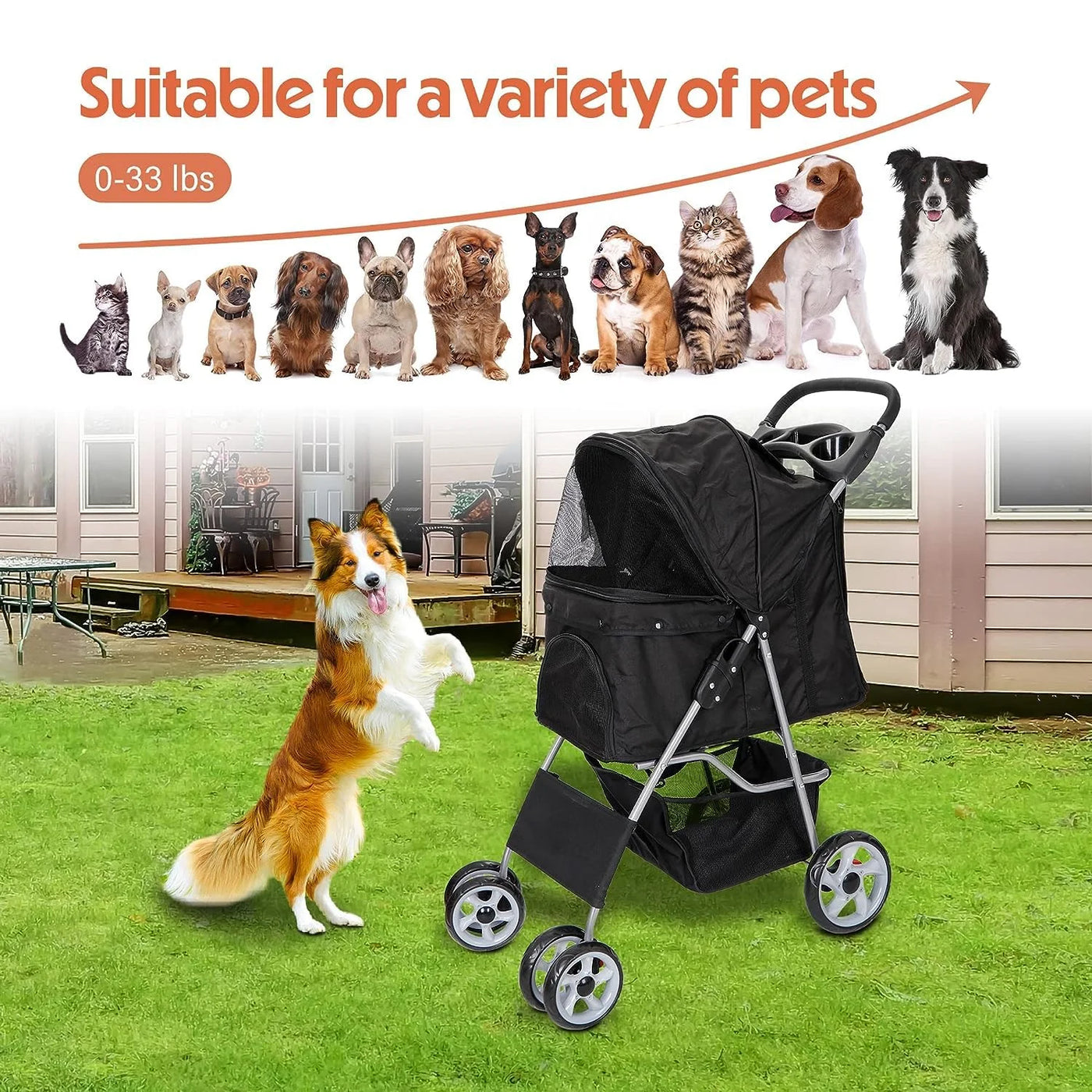 Foldable Pet Stroller, Cat/Dog Stroller with 4 Wheel, Pet Travel Carrier Strolling Cart with Storage Basket, Cup Holder, Black