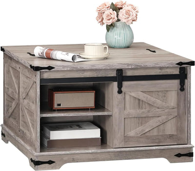 HOOBRO Farmhouse Coffee Table for Living Room with Single Sliding Barn Door Lift Top and Hidden Space Gray BG80KF01