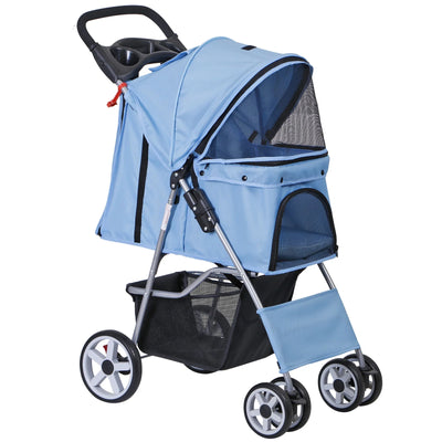 Foldable Carrier Strolling Cart 4 Wheel Pet Stroller for Cat, Dog w/ Cup Holder