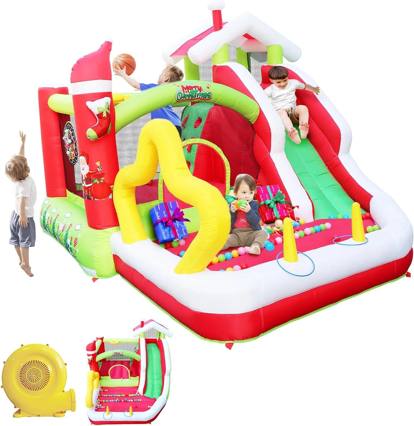 Track 7 Christmas Inflatable Bounce House for Kids, 7 in1 Slide Inflatable Bouncer with Blower, Slide, Climbing, Obstacles, Jumping All in One Castle, Outdoor & Indoor, for Toddlers Age 2+