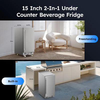 Ecojoy Outdoor Beverage Refrigerator, 15 Inch Stainless Steel Under Counter Beer Beverage Fridge for 120 Cans w/ 37-65℉