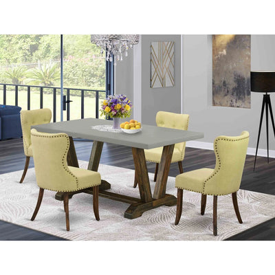 HomeStock Baroque Bonanza 5-Pc Dinette Set-Limelight Linen Fabric Seat Parson Chairs And Rectangular Top Dining Table With Hardwood Legs - Cement And Distressed Jacobean Finish